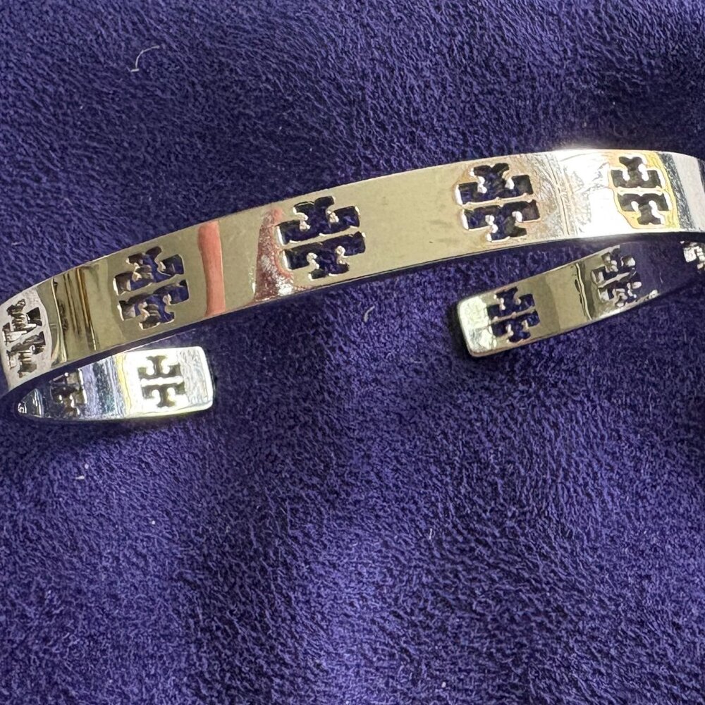 Tory Burch T- Pierced Logo Cuff in Metallic SILVER - Picture 2 of 6
